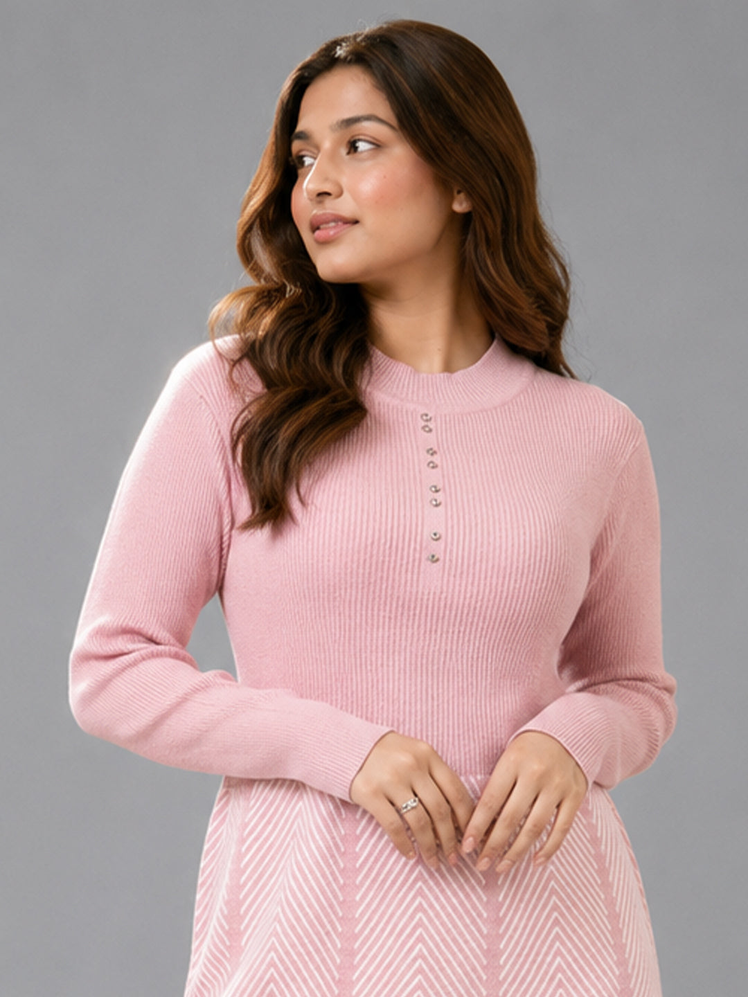 Women Pink Knit Winter Midi Dress