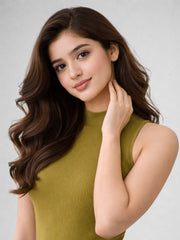 Women Ribbed High Neck Sleeveless Crop Top – Olive Green