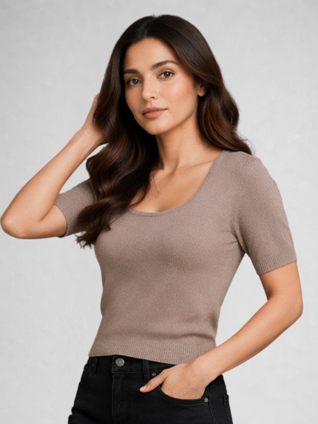 Women Cotton Ribbed Scoop Neck Half Sleeve Top Brown