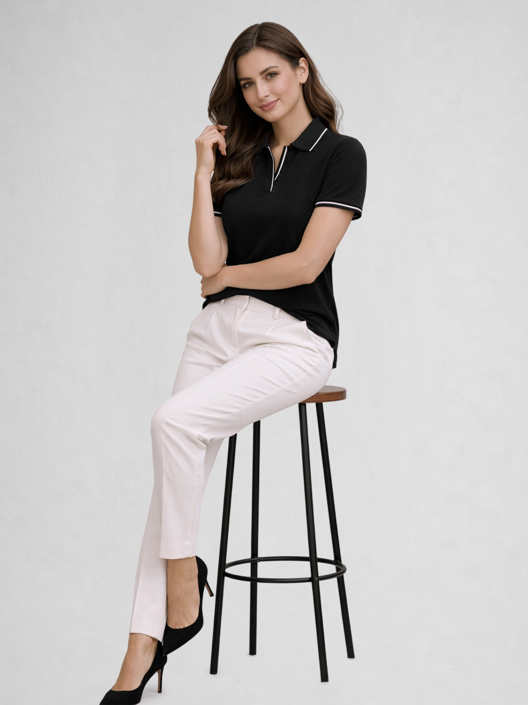 Women Solid Polo Collar Short Sleeve T-Shirt – Black