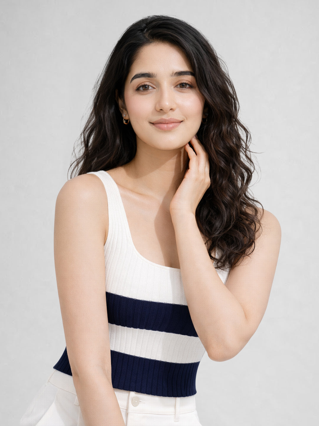 Women Cotton Ribbed Colorblock Sleeveless Crop Top – Navy Blue