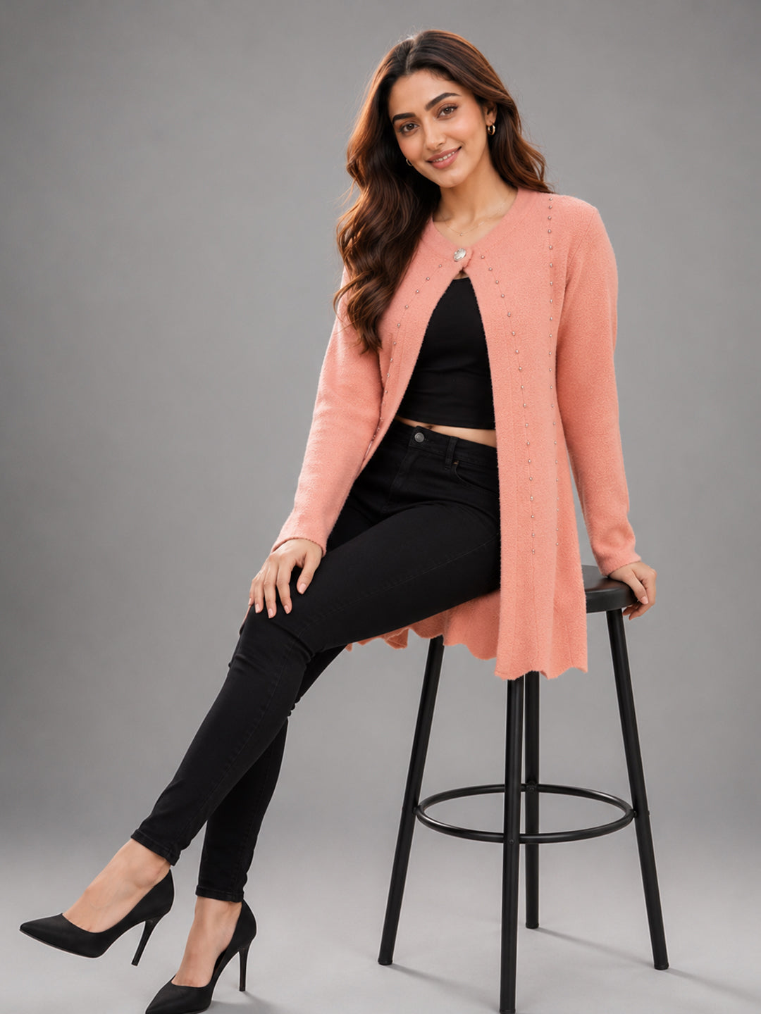 Women Peach Orange Pearl Embellished Longline Cardigan
