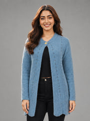 Women Sky Blue Pearl Embellished Longline Cardigan