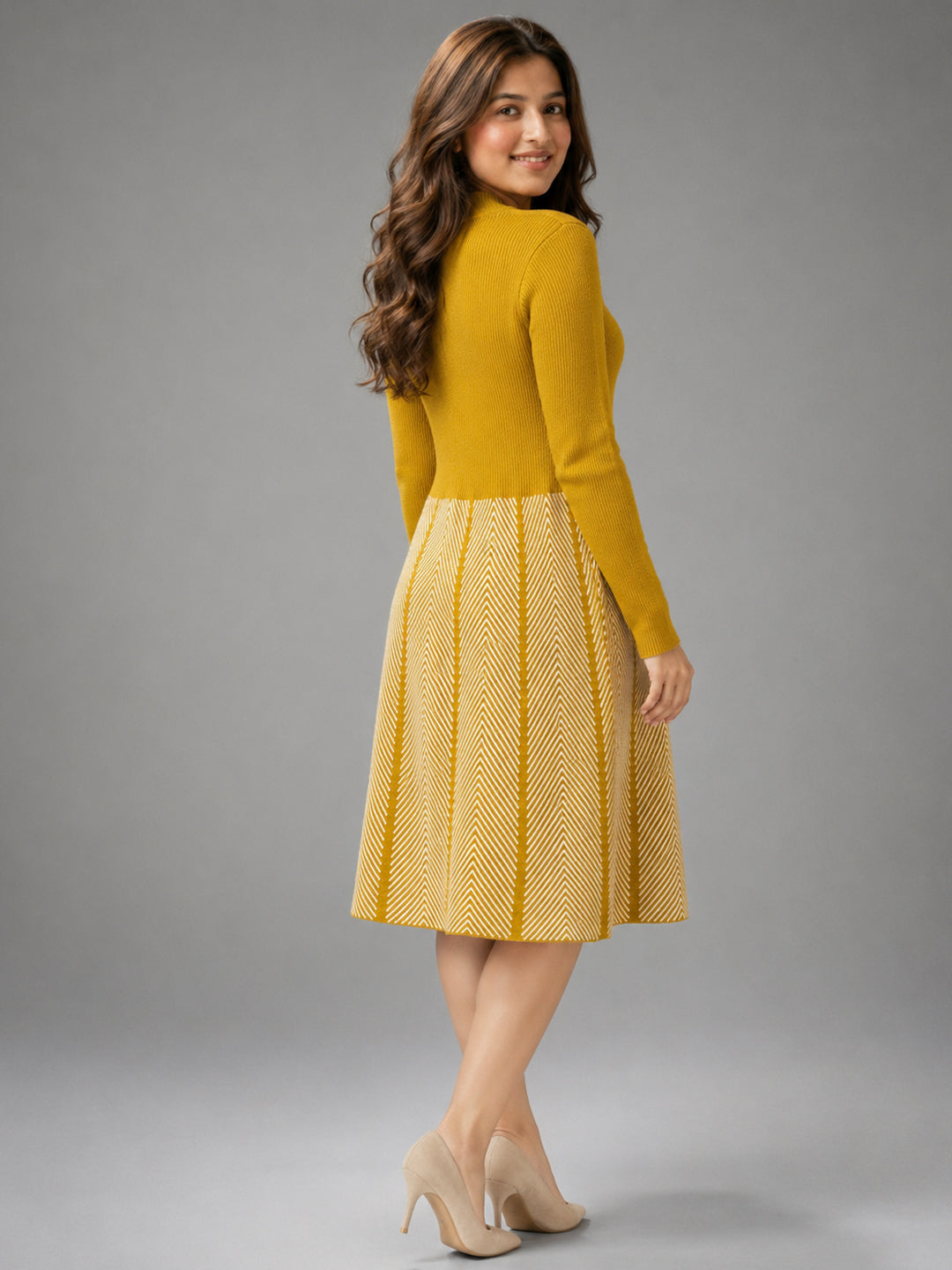 Women Mustard Yellow Knit Winter Midi Dress