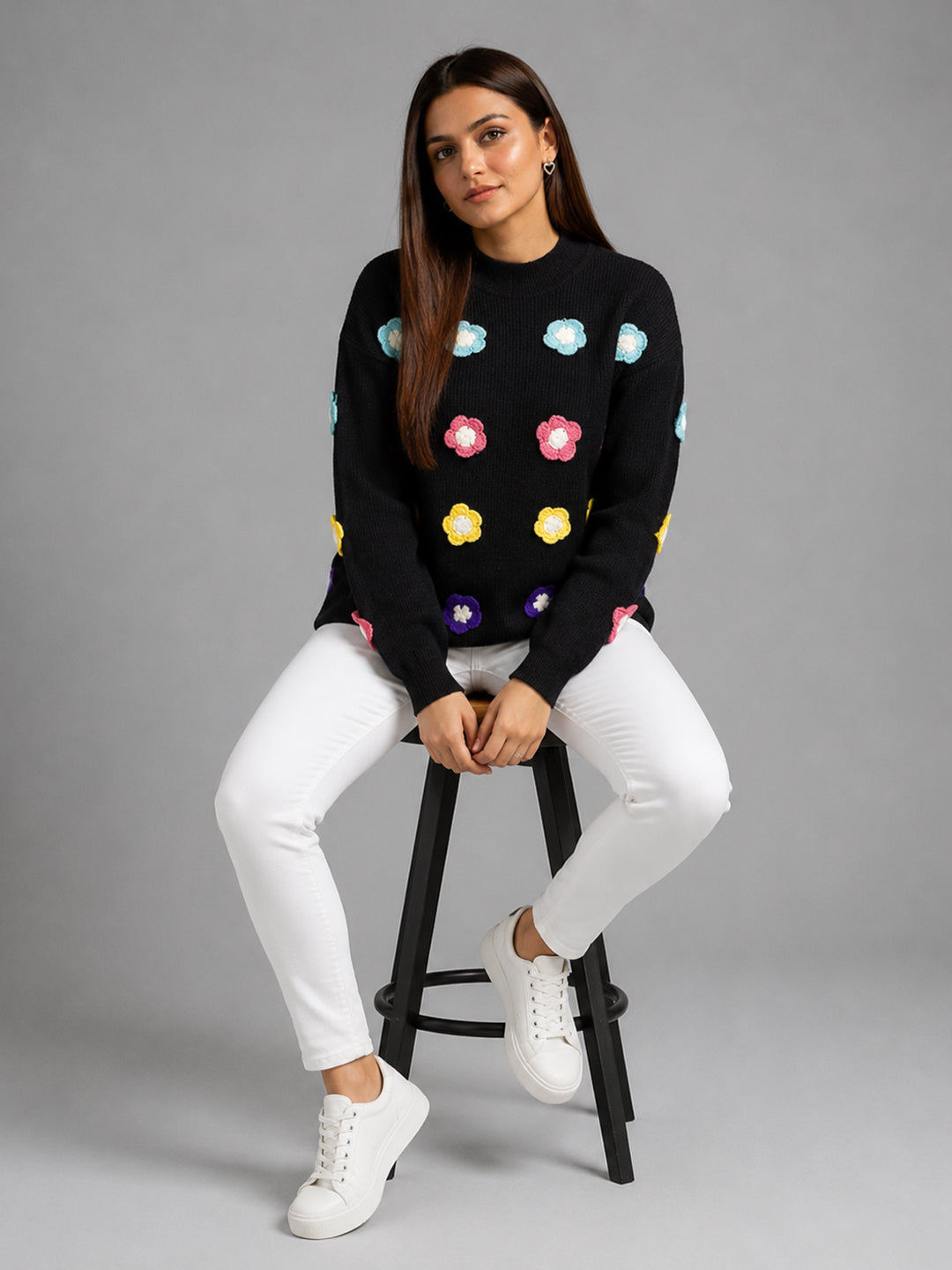 Women Floral Applique Mock Neck Full Sleeve Sweater – Black