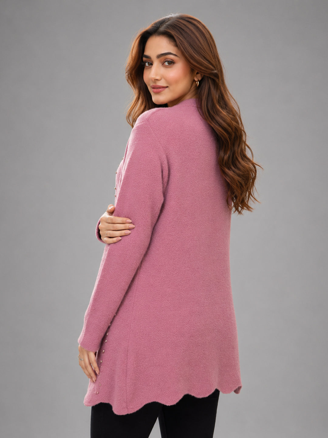 Women Pink Pearl Embellished Longline Cardigan