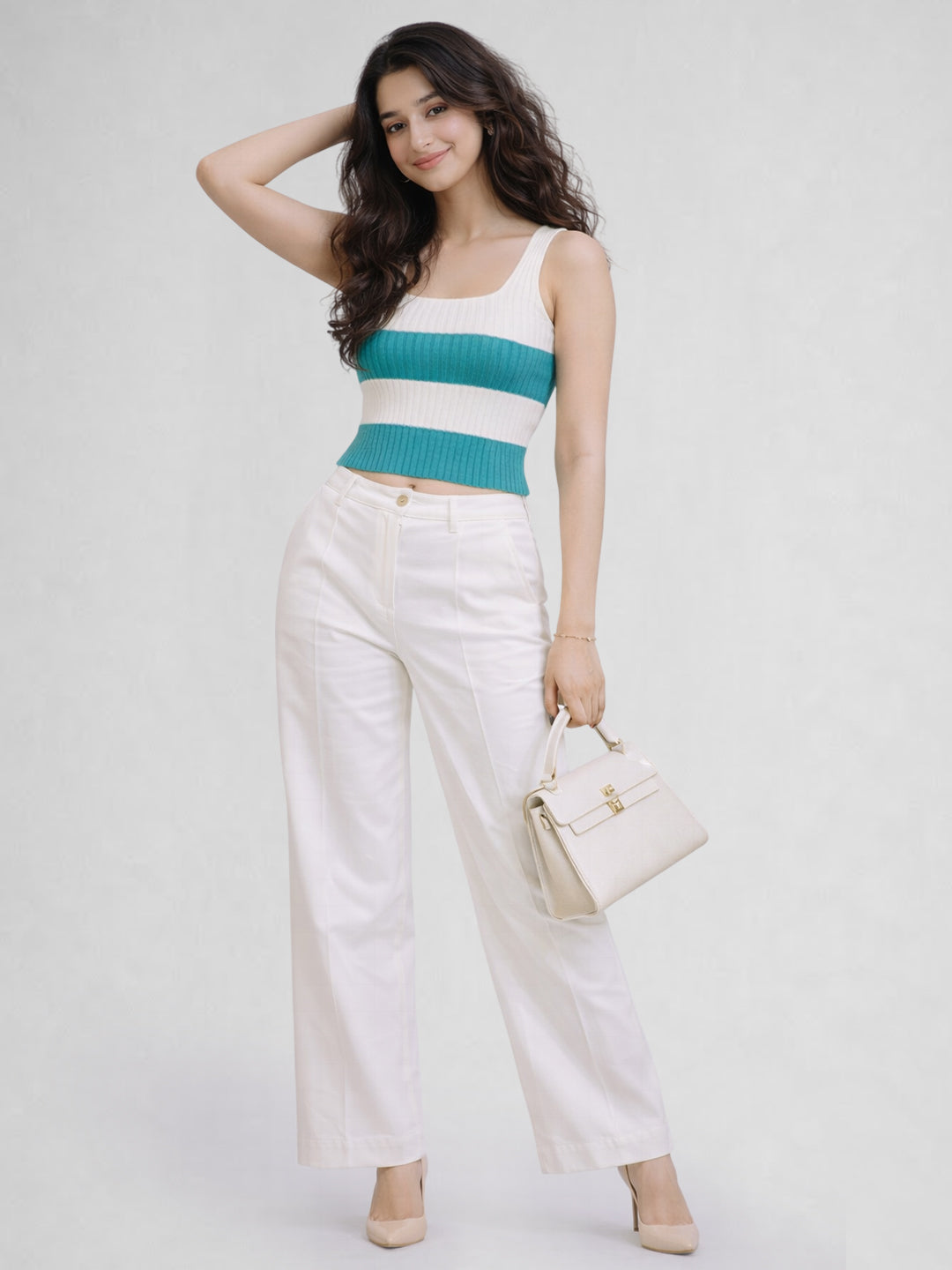 Women Cotton Ribbed Colorblock Sleeveless Crop Top – Teal