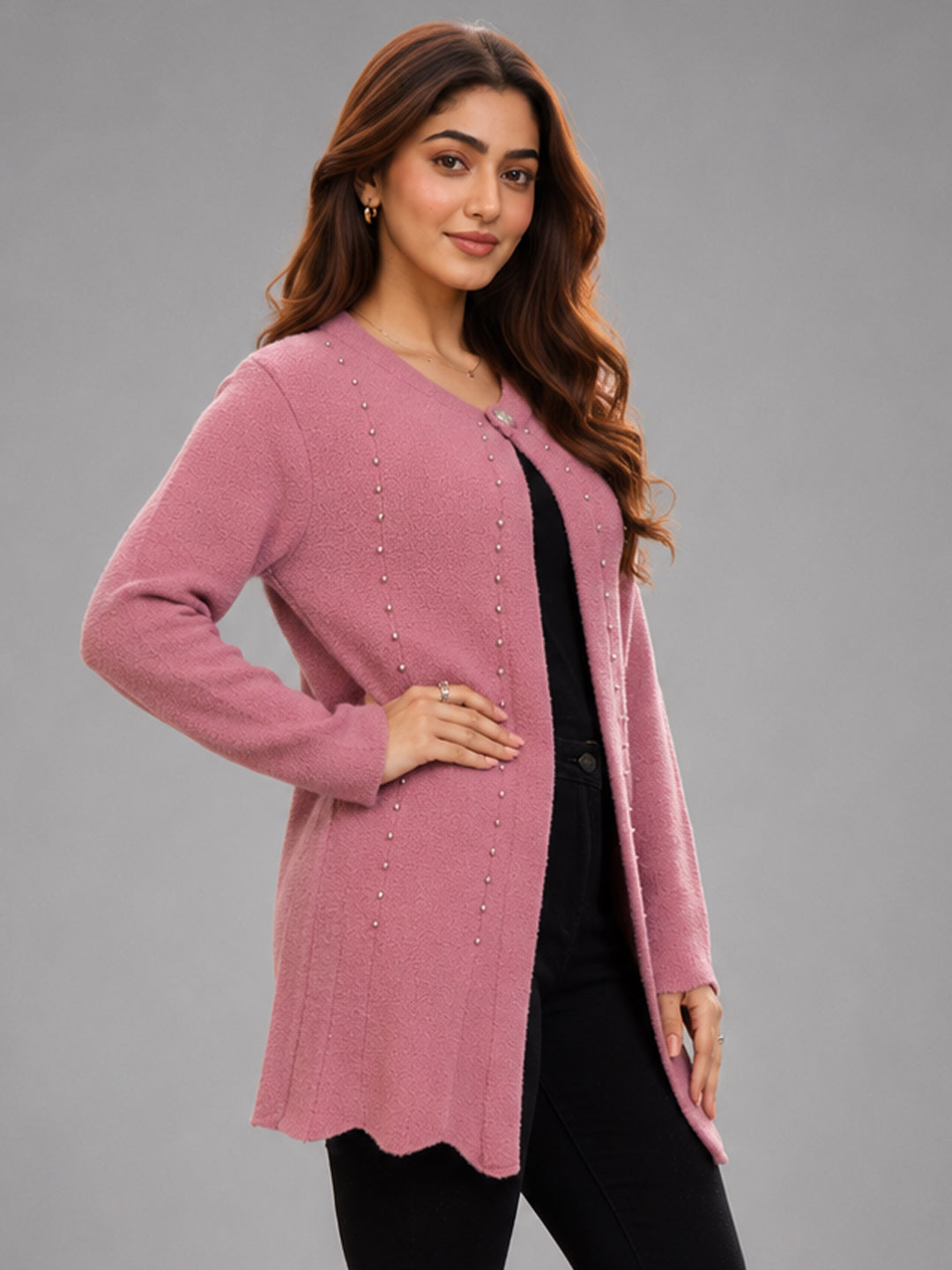 Women Pink Pearl Embellished Longline Cardigan