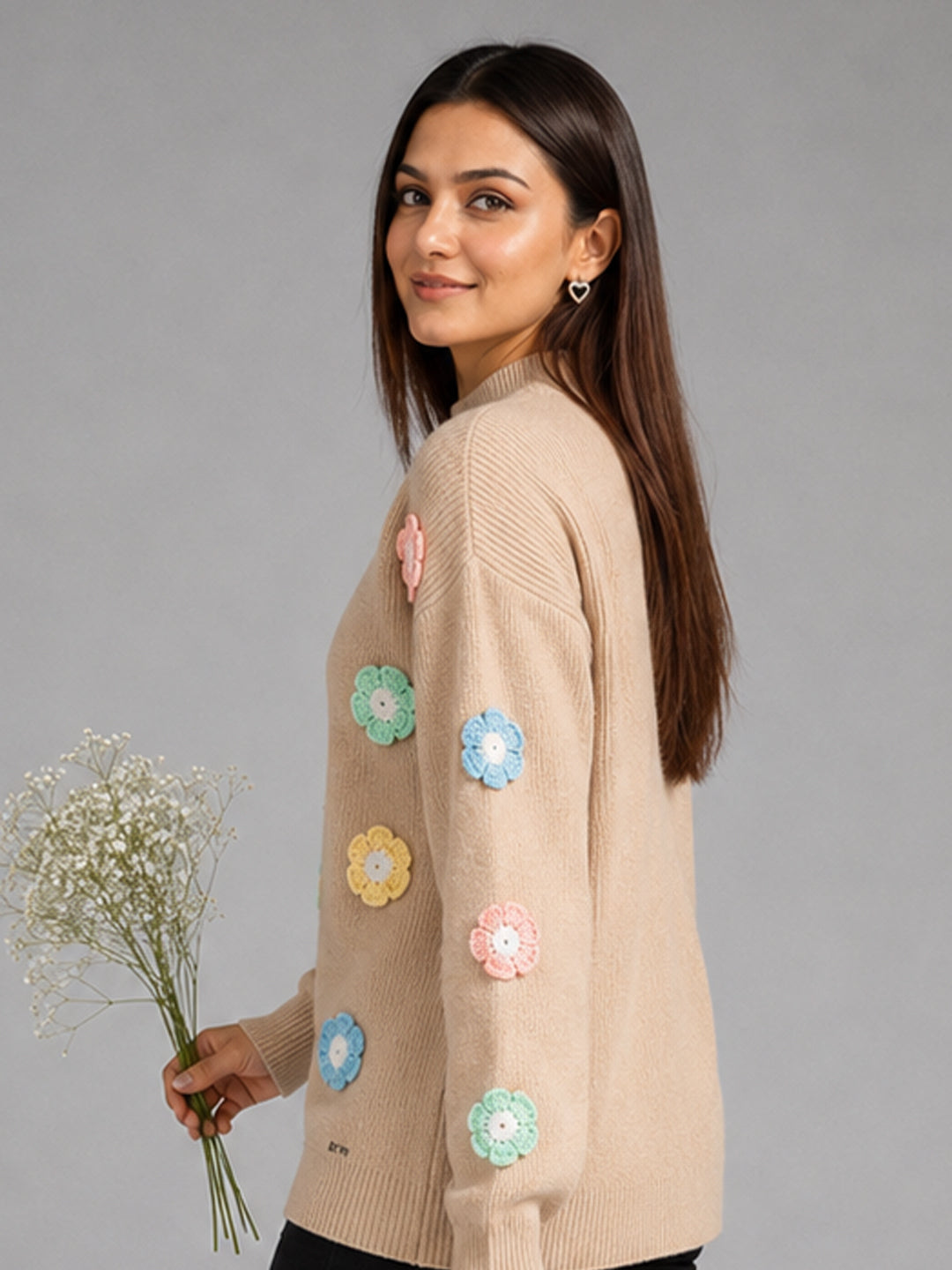 Women Floral Applique Mock Neck Full Sleeve Sweater – Beige