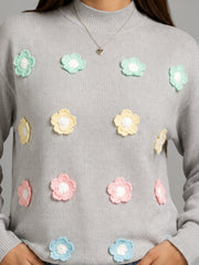 Women Floral Applique Mock Neck Full Sleeve Sweater – Grey