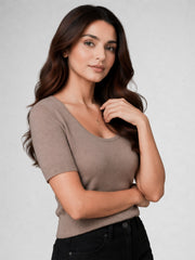 Women Cotton Ribbed Scoop Neck Half Sleeve Top Brown