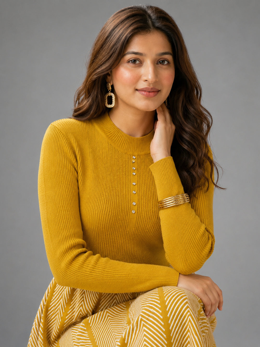 Women Mustard Yellow Knit Winter Midi Dress