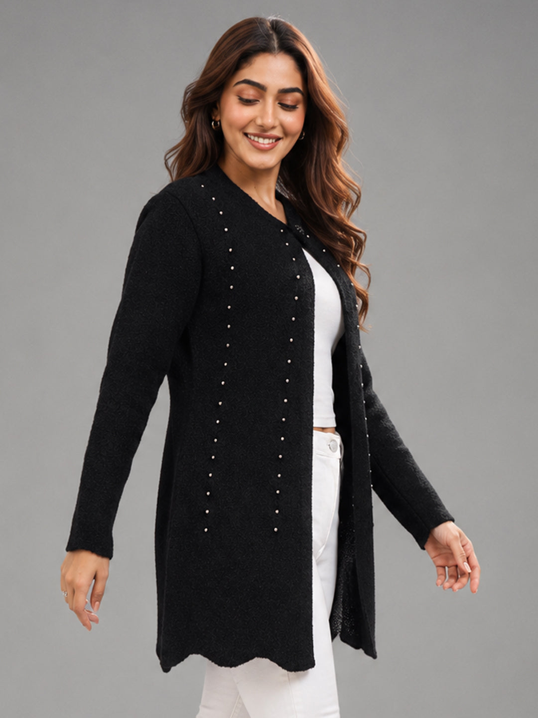 Women Black Pearl Embellished Longline Cardigan