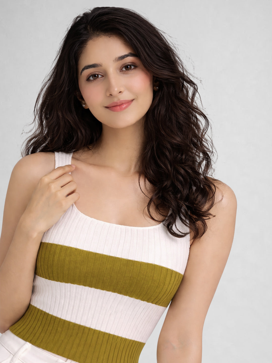 Women Cotton Ribbed Colorblock Sleeveless Crop Top – Olive Green