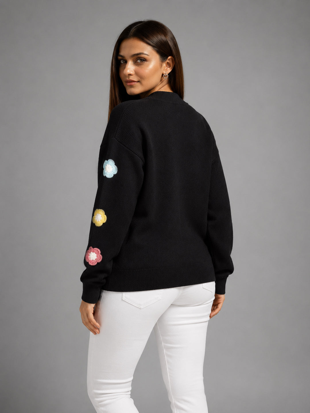 Women Floral Applique Mock Neck Full Sleeve Sweater – Black