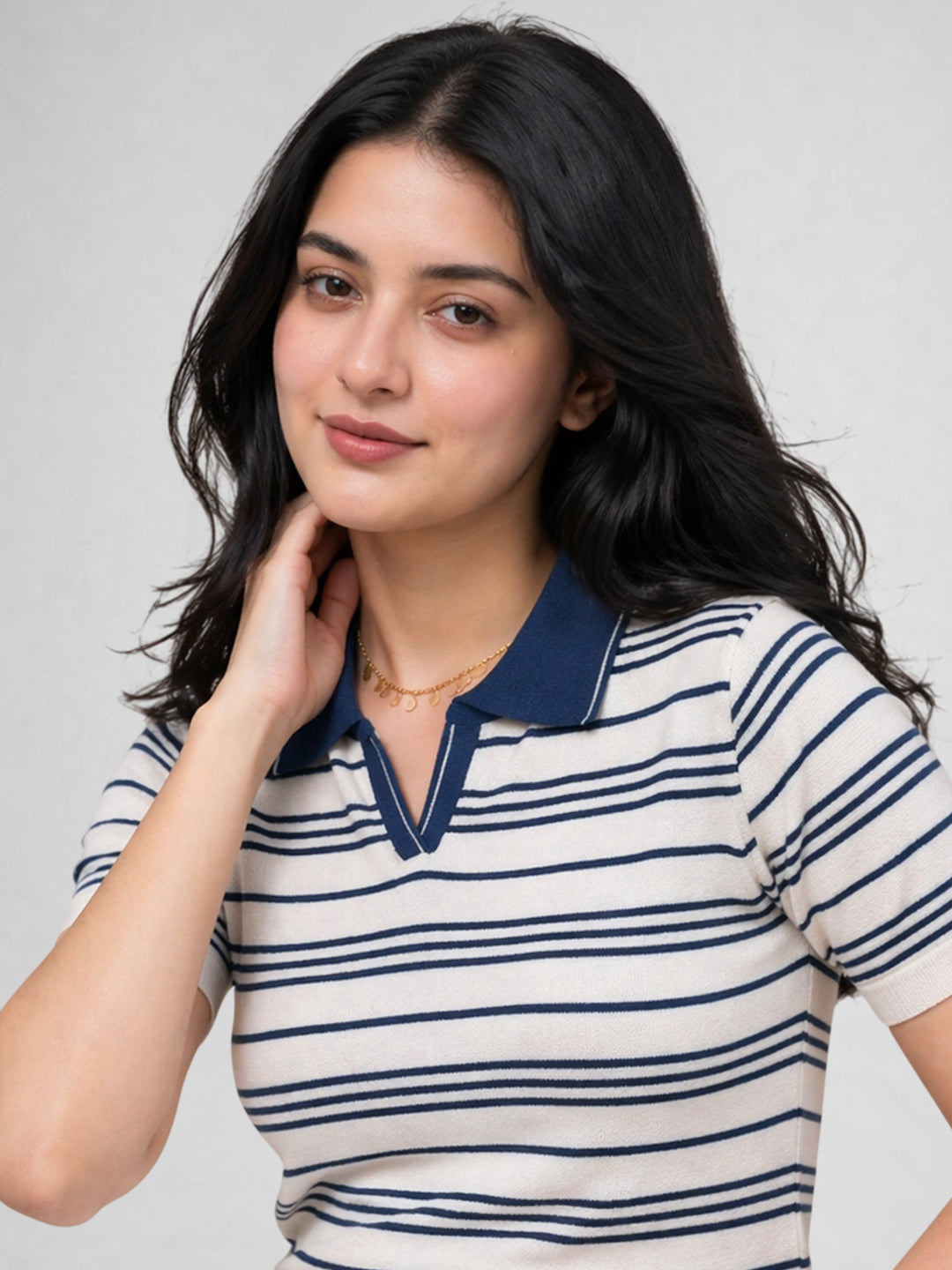 Women White & Blue Striped Polo Collar T-Shirt