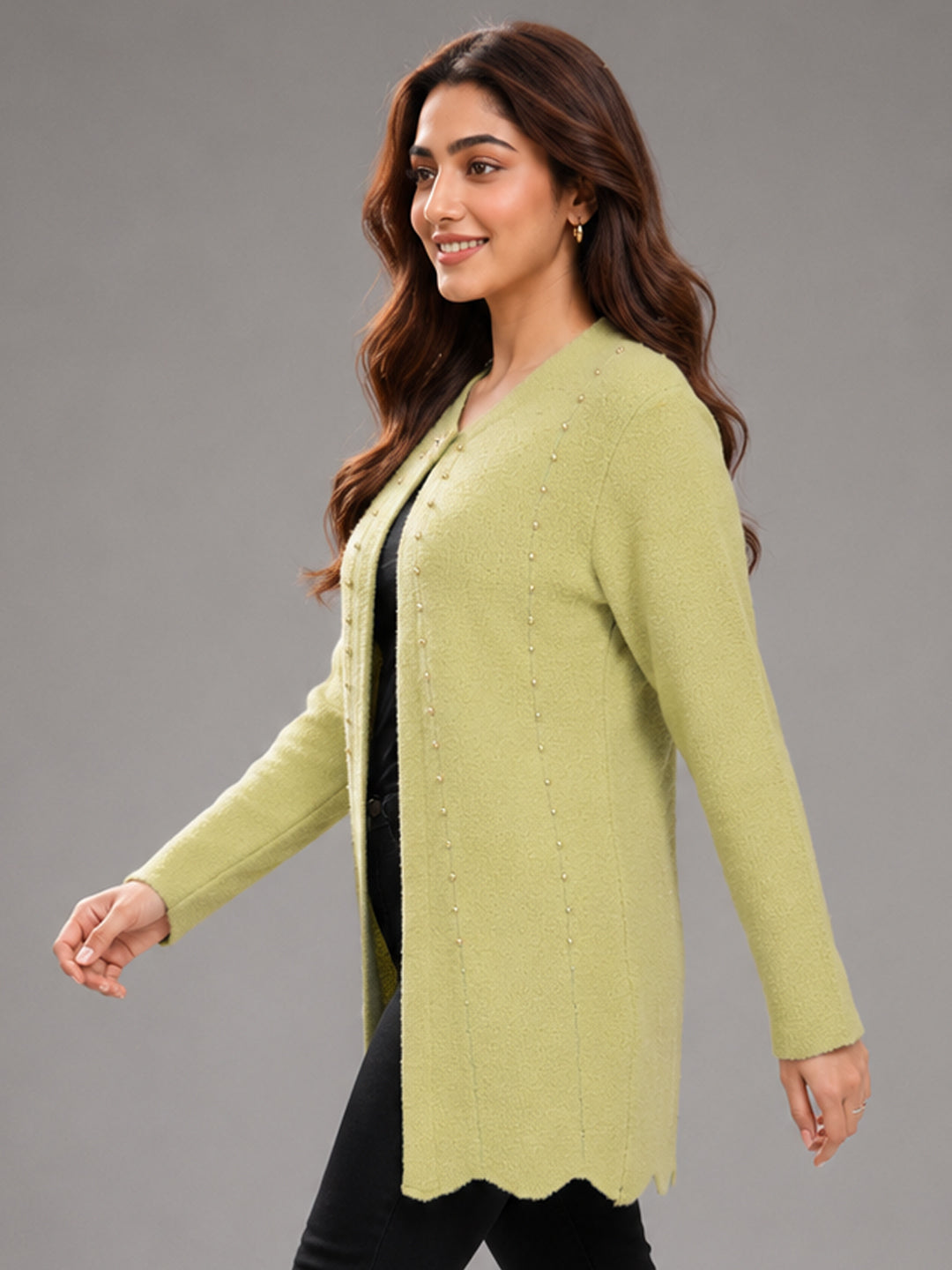 Women Pista Green Pearl Embellished Longline Cardigan