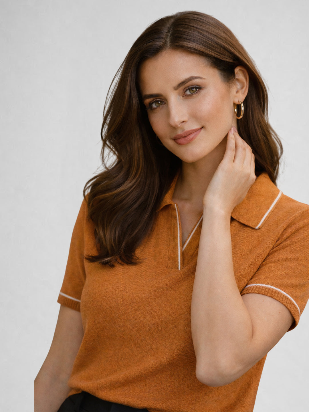 Women Solid Polo Collar Short Sleeve T-Shirt – Rust