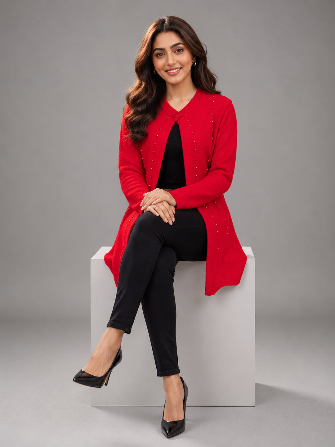 Women Red Pearl Embellished Longline Cardigan