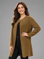 Women Brown Pearl Embellished Longline Cardigan