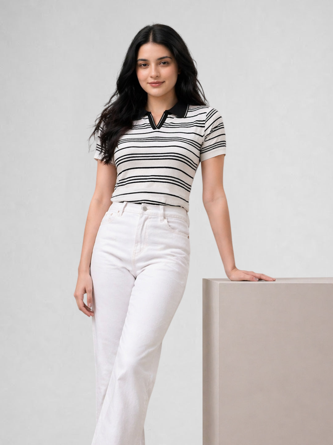 Women White & Black Striped Polo Collar T-Shirt