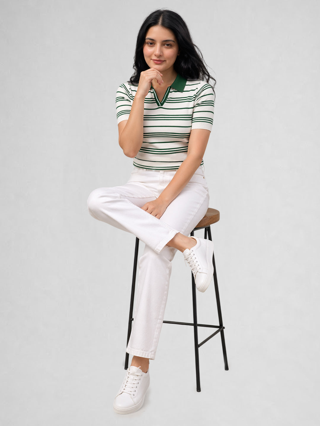 Women White & Green Striped Polo Collar T-Shirt