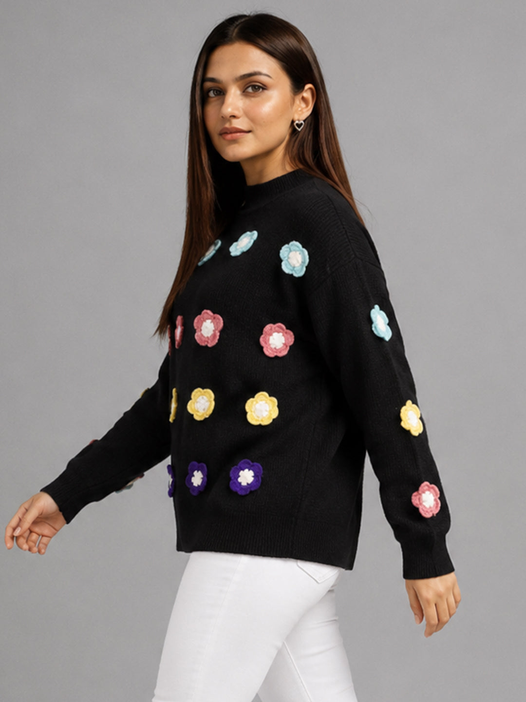 Women Floral Applique Mock Neck Full Sleeve Sweater – Black