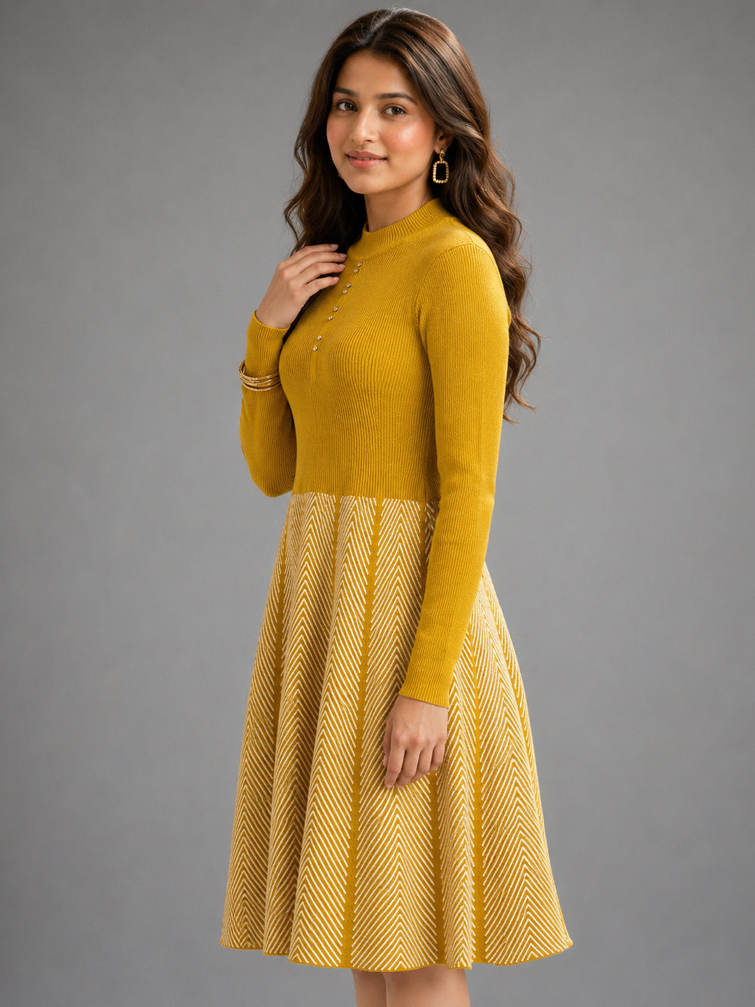 Women Mustard Yellow Knit Winter Midi Dress