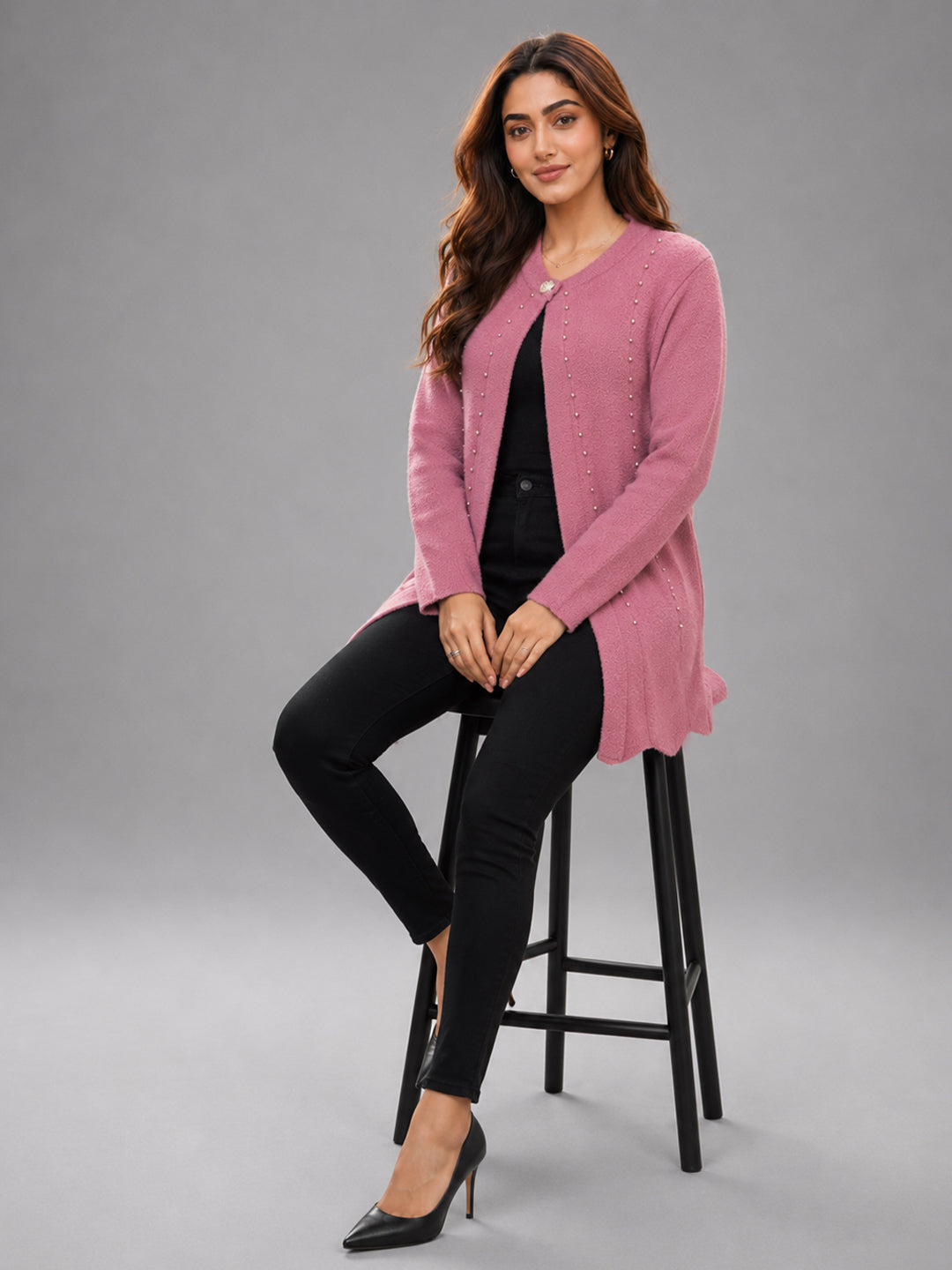 Women Pink Pearl Embellished Longline Cardigan