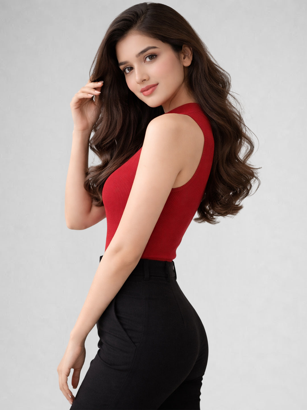 Women Ribbed High Neck Sleeveless Crop Top – Red