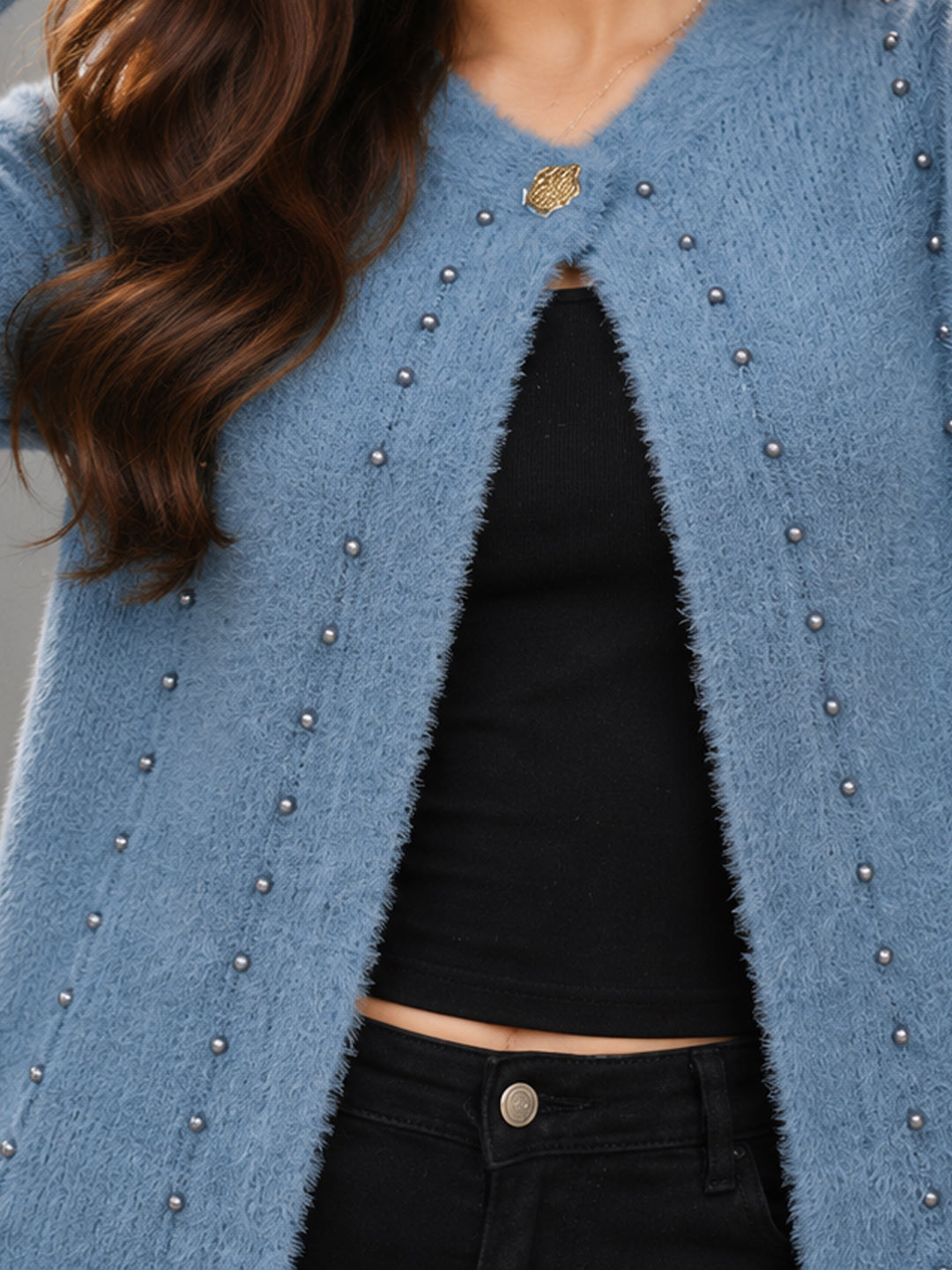 Women Sky Blue Pearl Embellished Longline Cardigan