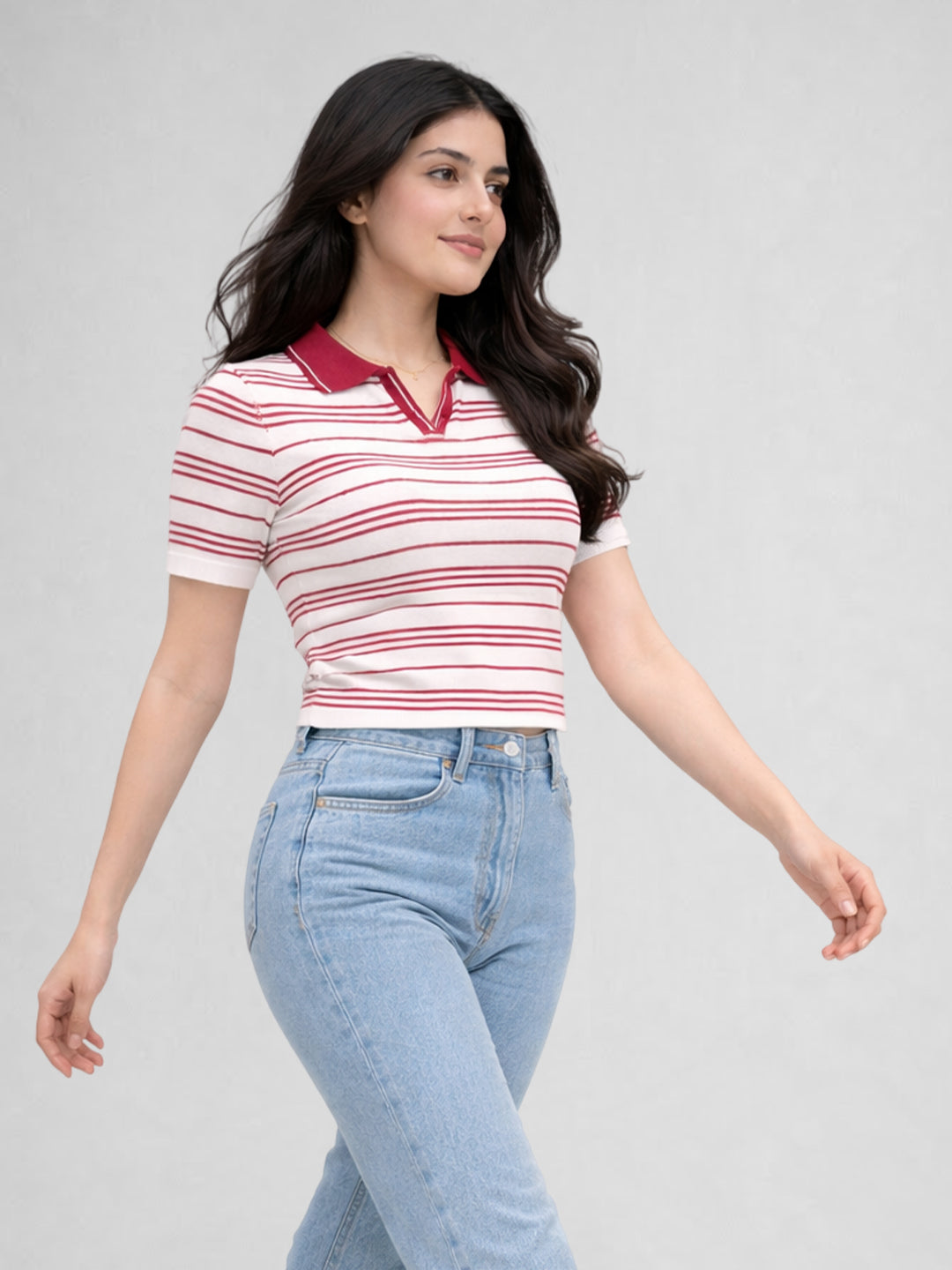 Women White & Red Striped Polo Collar T-Shirt