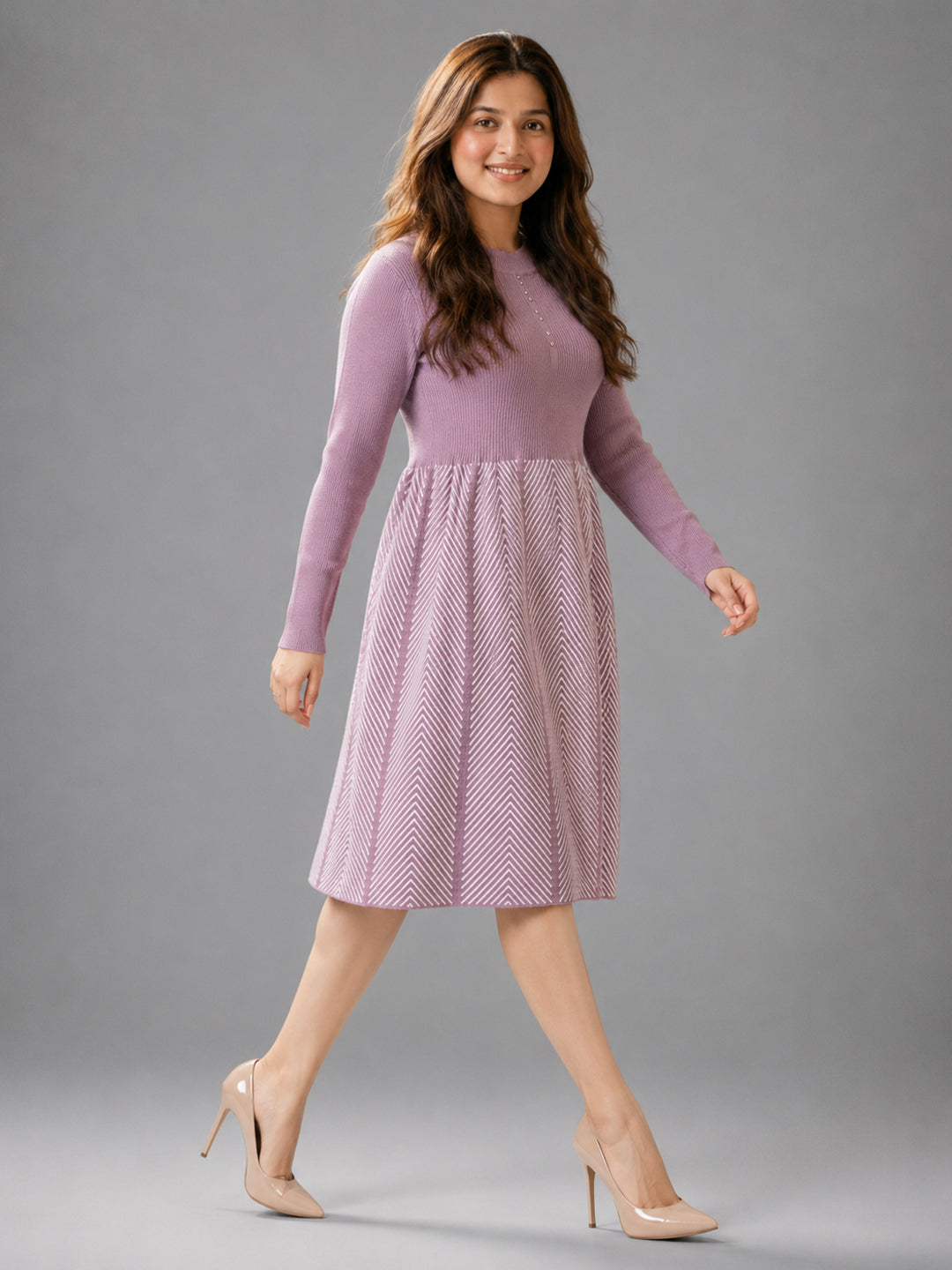 Women Purple Knit Winter Midi Dress