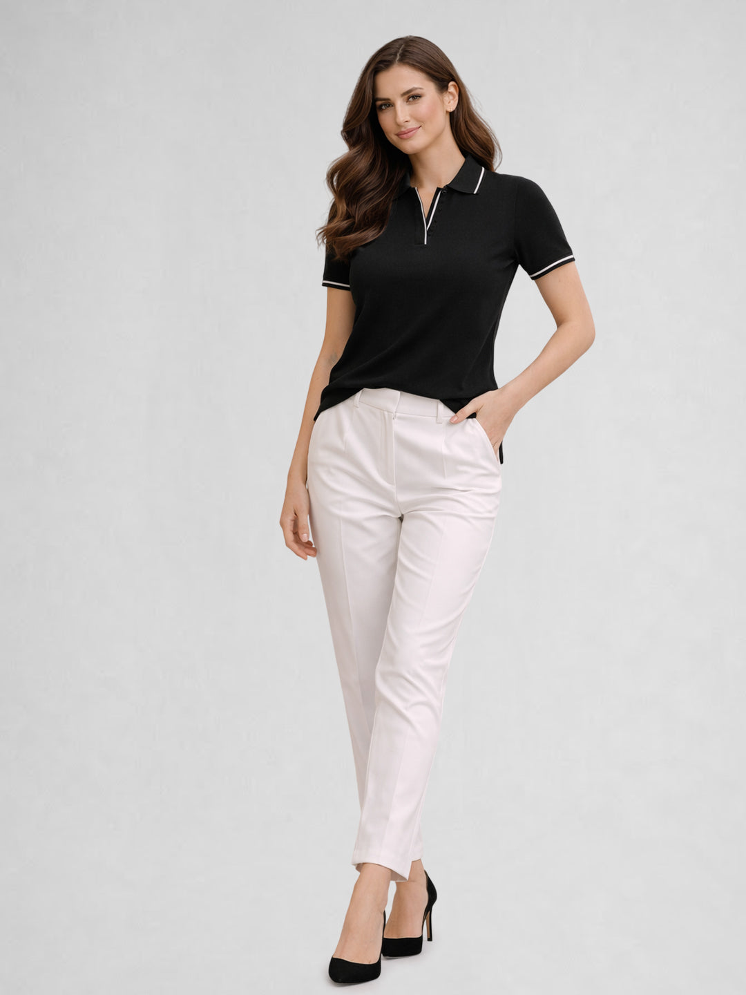 Women Solid Polo Collar Short Sleeve T-Shirt – Black