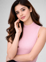 Women Ribbed High Neck Sleeveless Crop Top – Pink