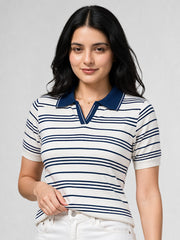Women White & Blue Striped Polo Collar T-Shirt
