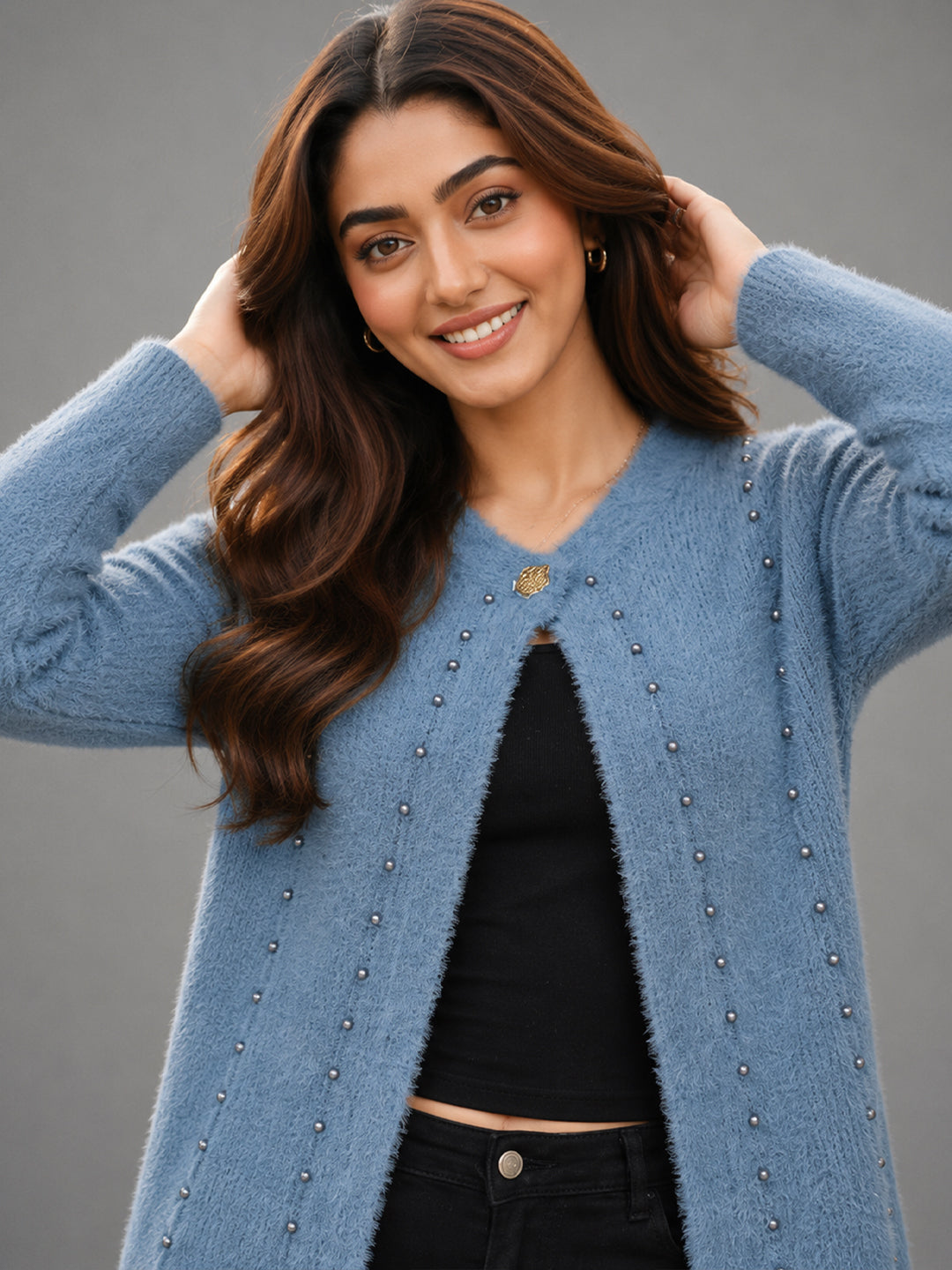 Women Sky Blue Pearl Embellished Longline Cardigan