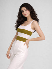 Women Cotton Ribbed Colorblock Sleeveless Crop Top – Olive Green
