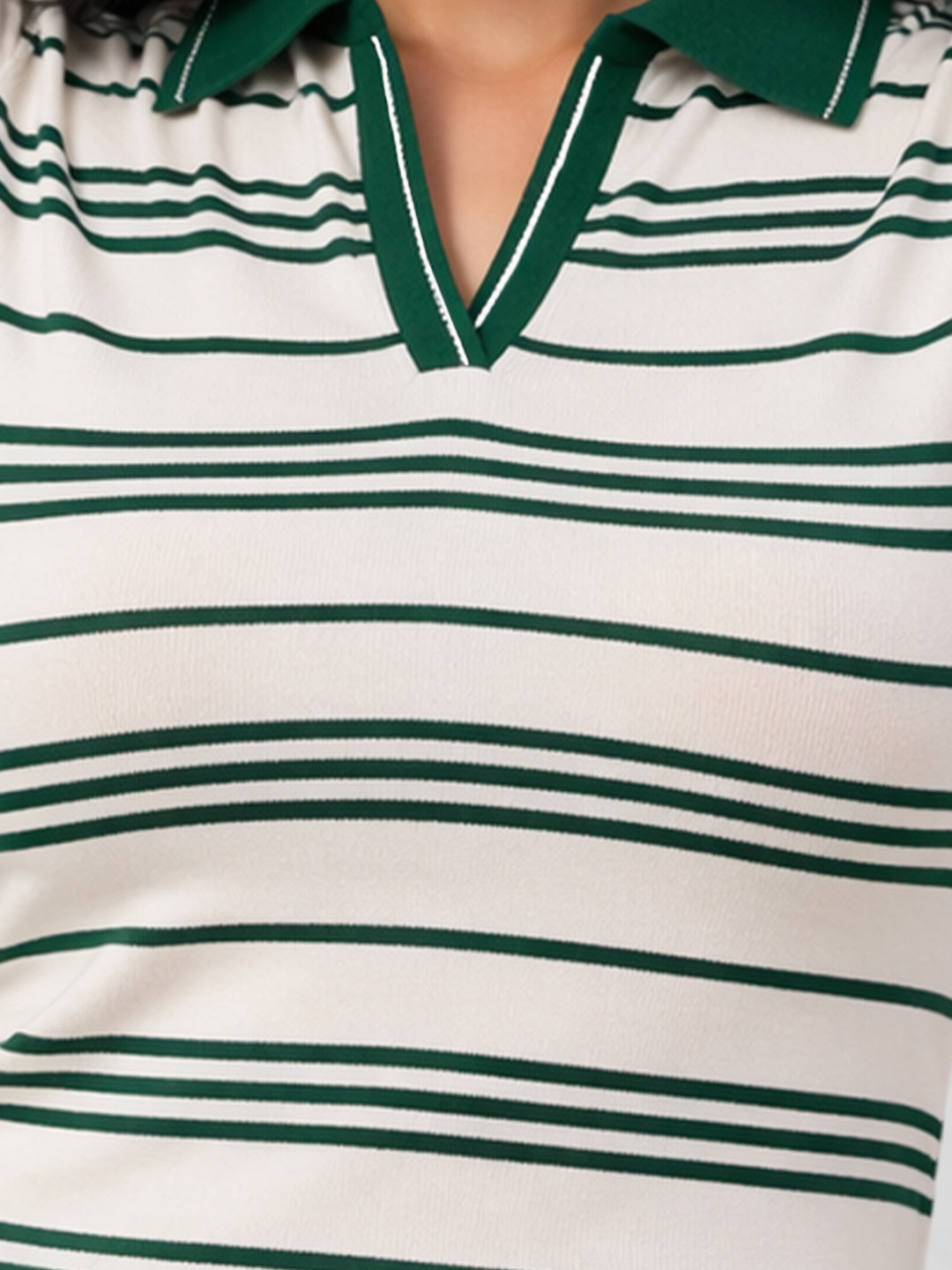 Women White & Green Striped Polo Collar T-Shirt