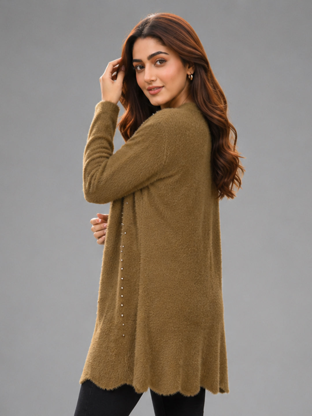 Women Brown Pearl Embellished Longline Cardigan