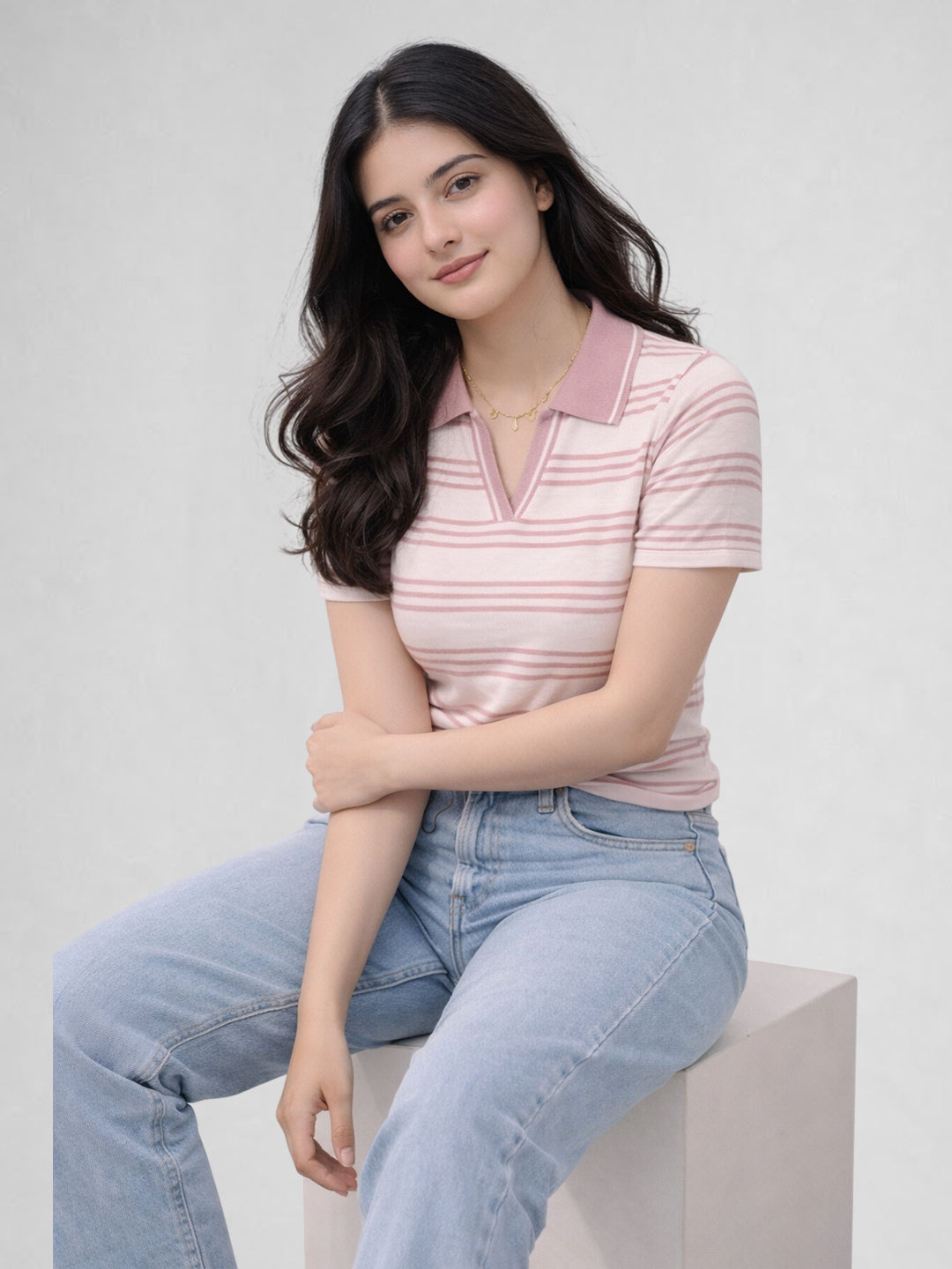 Women White & Pink Striped Polo Collar T-Shirt