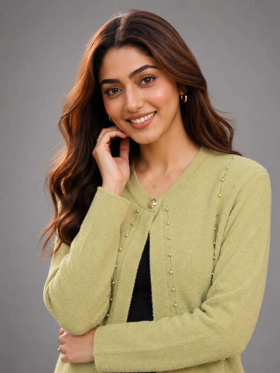 Women Pista Green Pearl Embellished Longline Cardigan