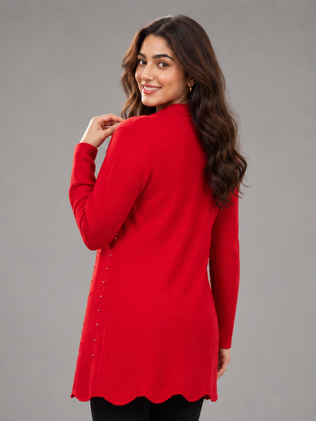 Women Red Pearl Embellished Longline Cardigan