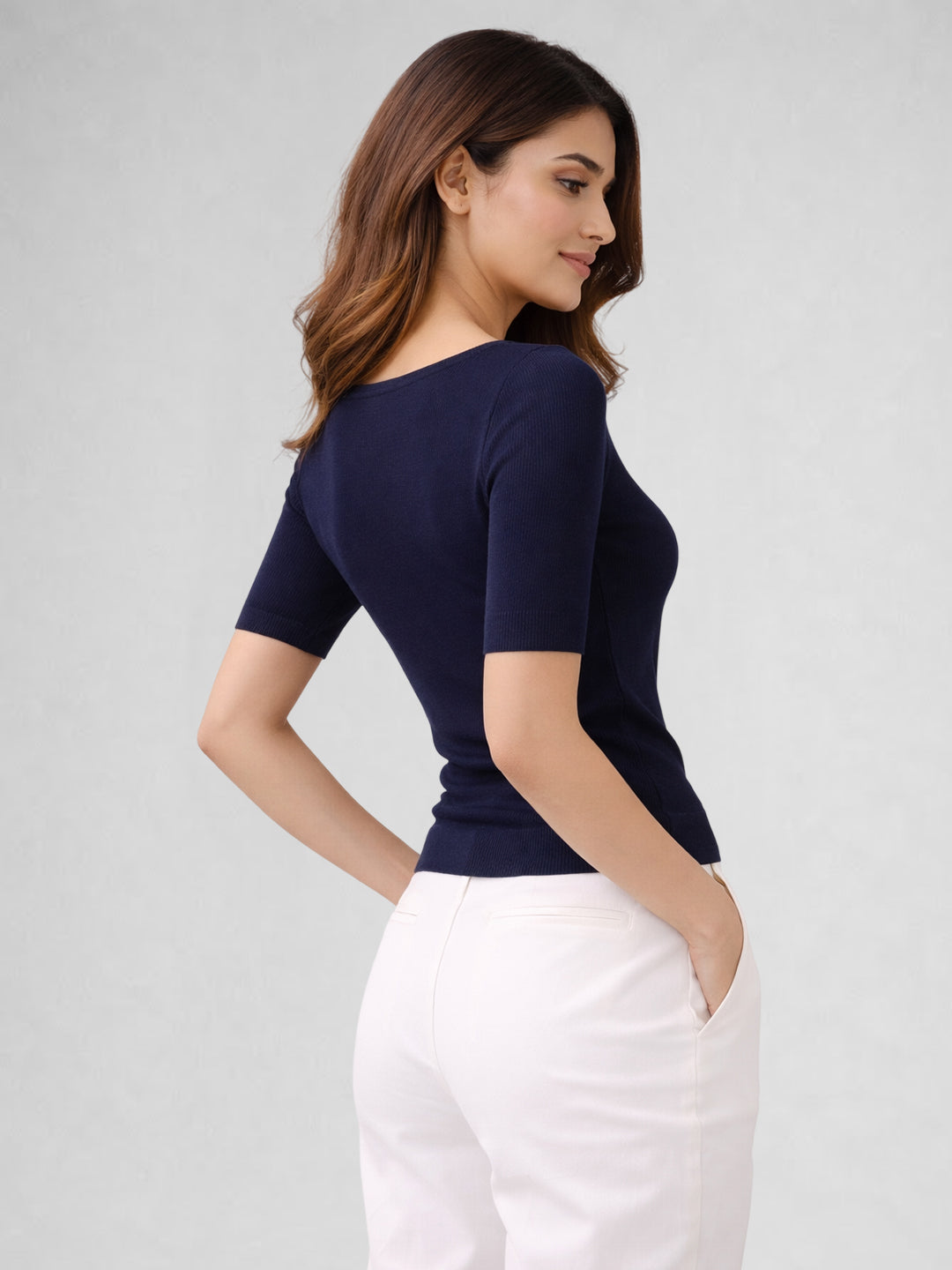 Women Cotton Ribbed Scoop Neck Half Sleeve Top Navy Blue