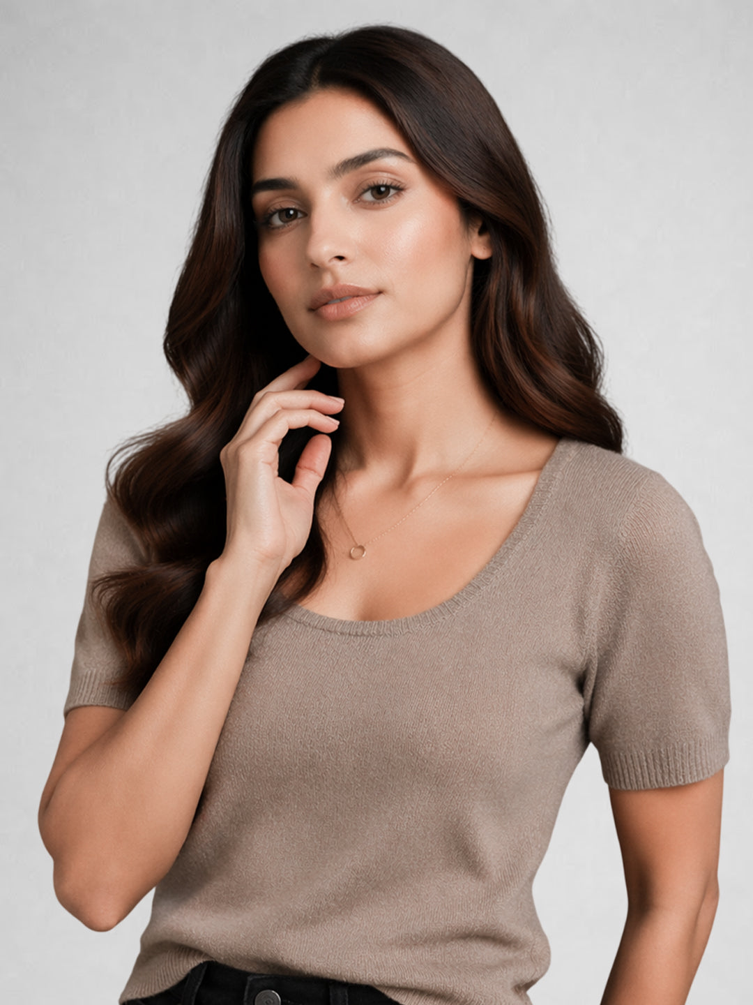 Women Cotton Ribbed Scoop Neck Half Sleeve Top Brown