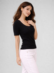 Women Cotton Ribbed Scoop Neck Half Sleeve Top Black