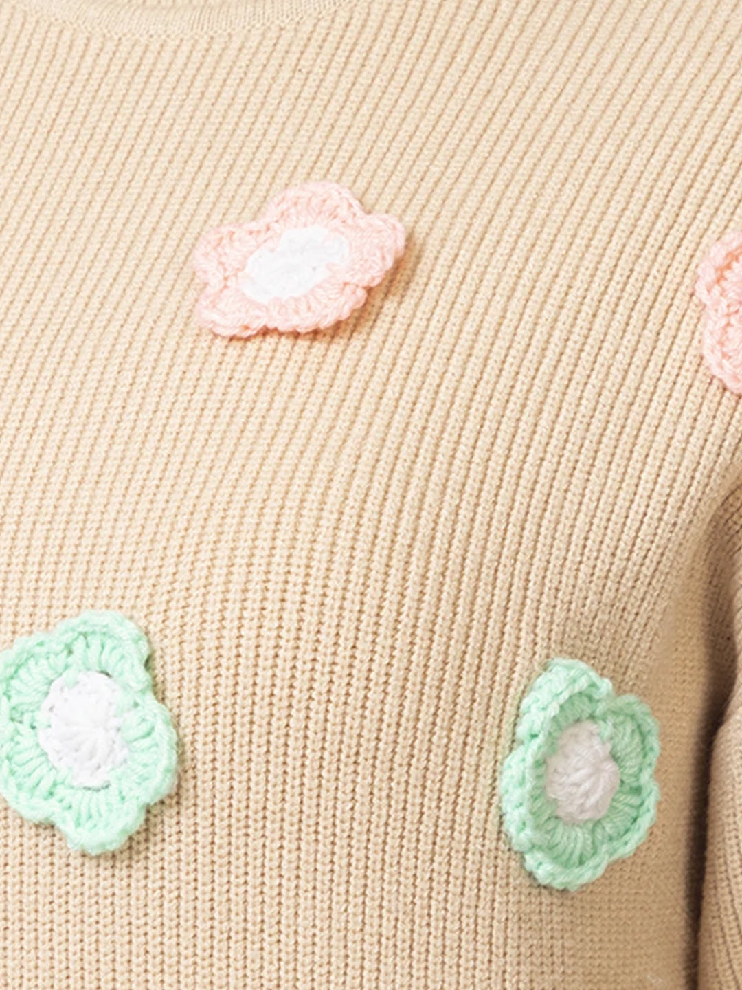 Women Floral Applique Mock Neck Full Sleeve Sweater – Beige