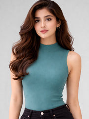 Women Ribbed High Neck Sleeveless Crop Top – Teal