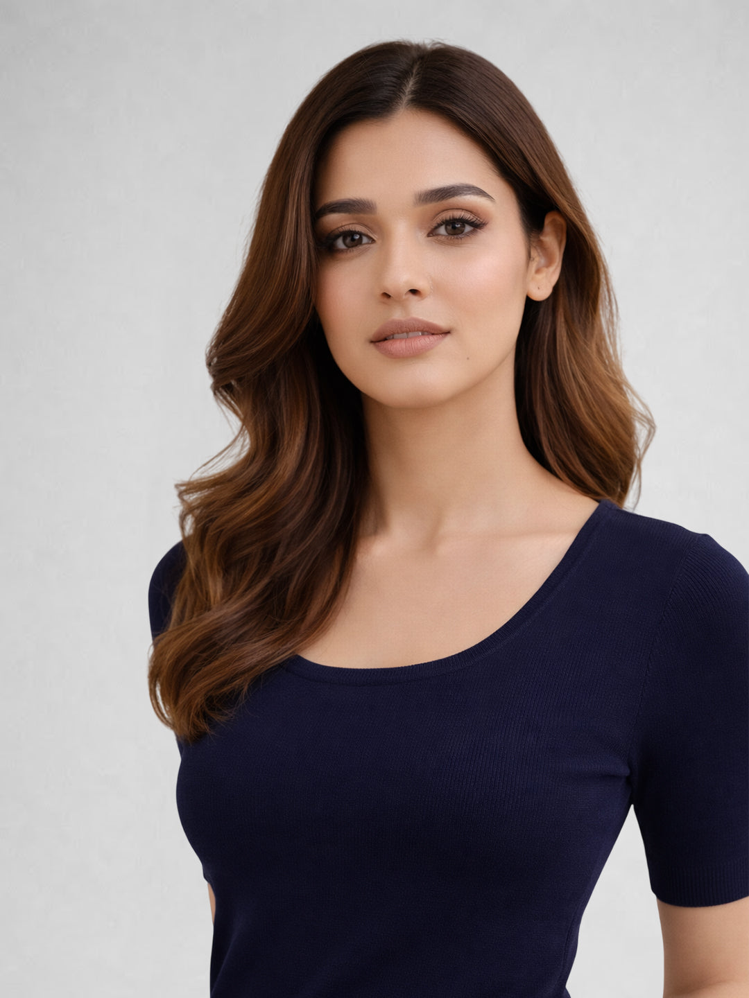 Women Cotton Ribbed Scoop Neck Half Sleeve Top Navy Blue