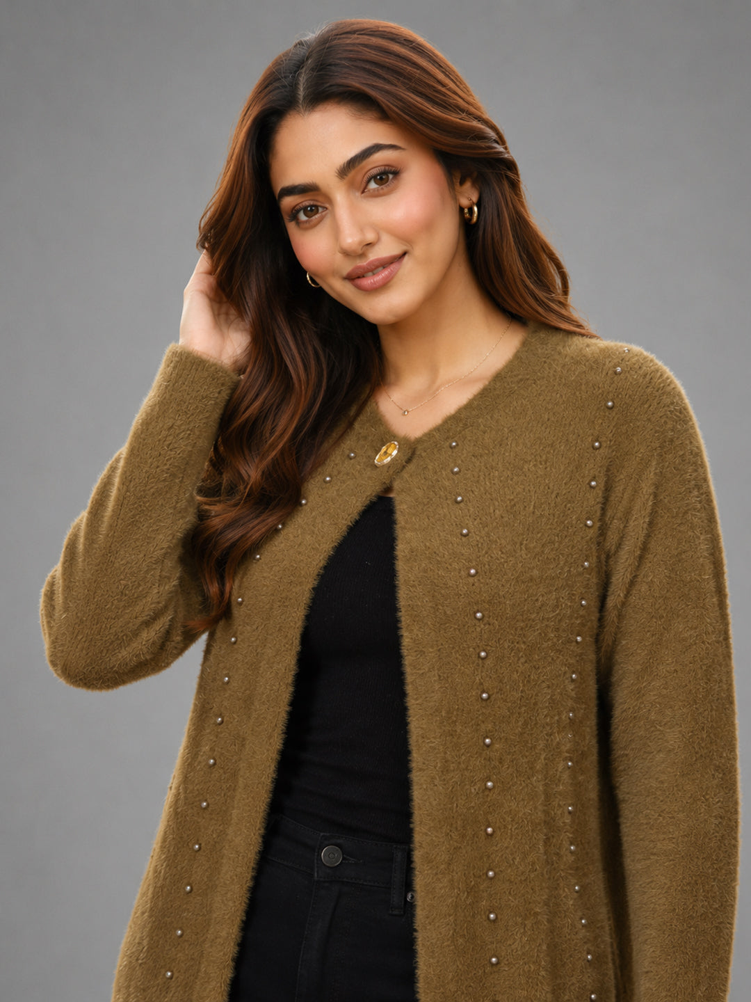 Women Brown Pearl Embellished Longline Cardigan
